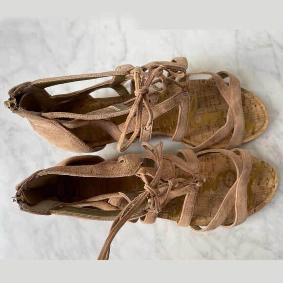 Sam Edelman Tan Gladiator Sandals Back Zip Low Cork Wedge Heel Women's 10 - Picture 8 of 9